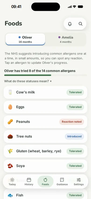 Tiny Tummies Foods tab showing the status of each of the 14 UK allergens.