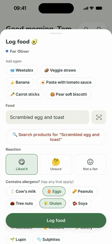 Tiny Tummies Log food screen with quick add buttons, a barcode scanner, reactions, and allergen chips.