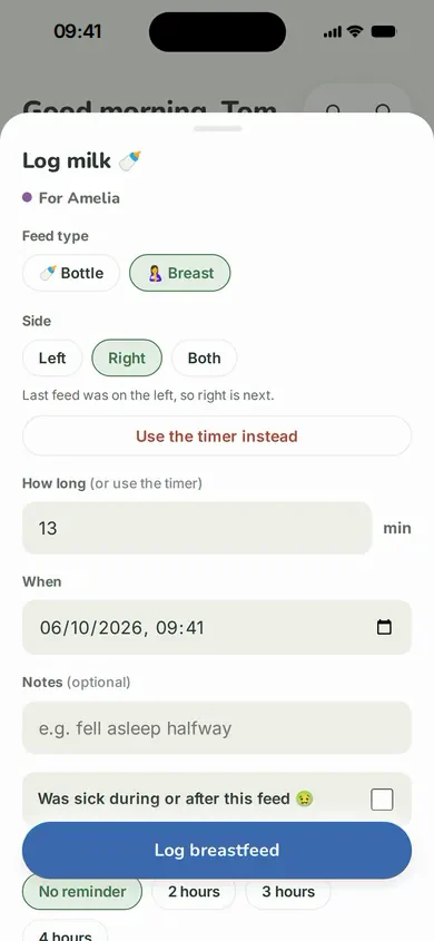 Tiny Tummies Log milk screen with Bottle or Breast, side, how long, and when.
