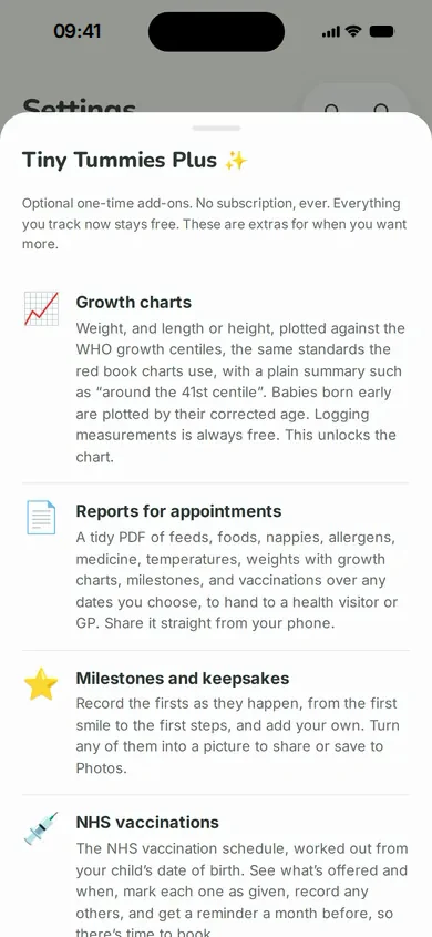 Tiny Tummies Plus screen listing growth charts, reports for appointments, milestones, and NHS vaccinations.